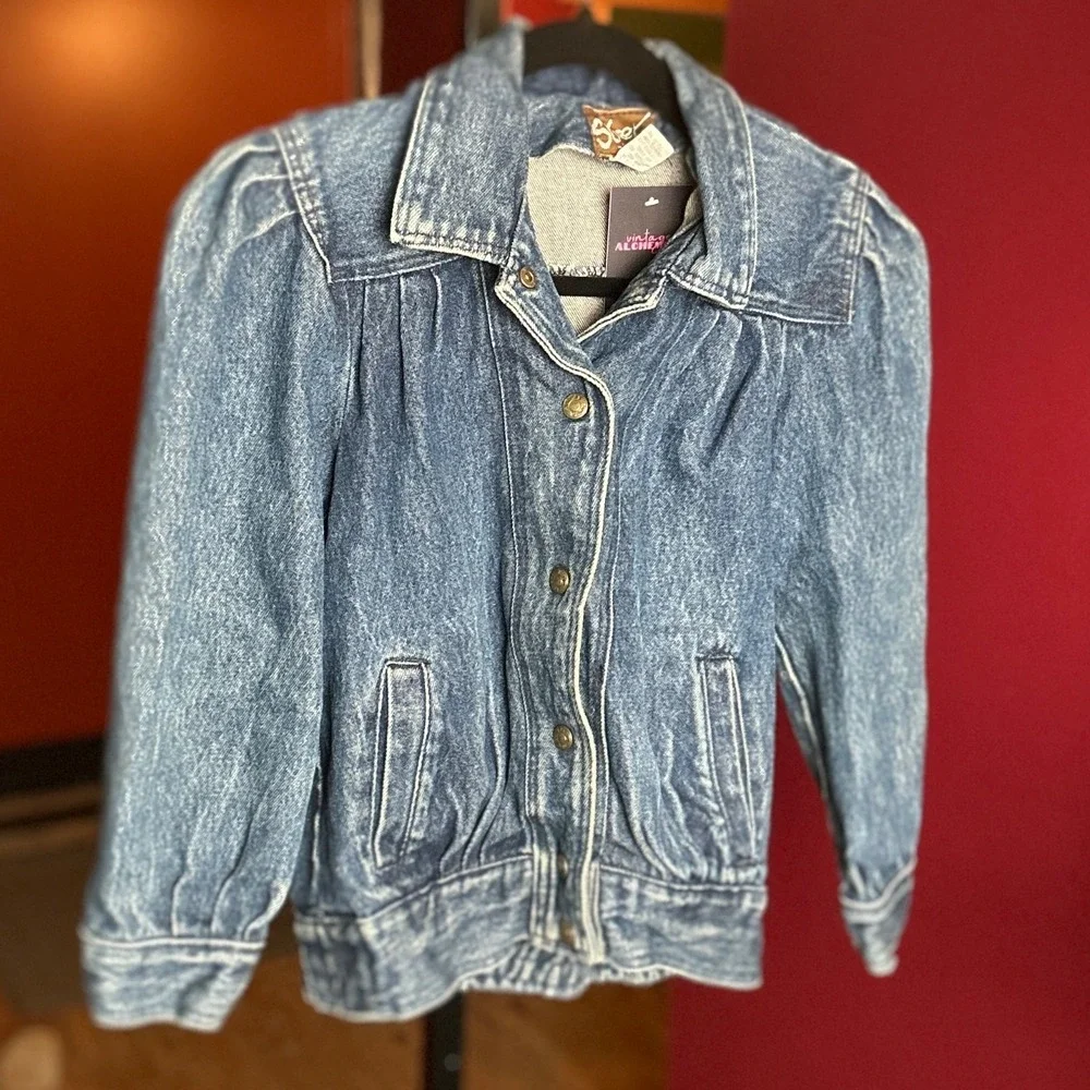 Street Worn Kids Denim Jacket Puff Sleeves Elastic Waist Blue Vintage 80s 90s